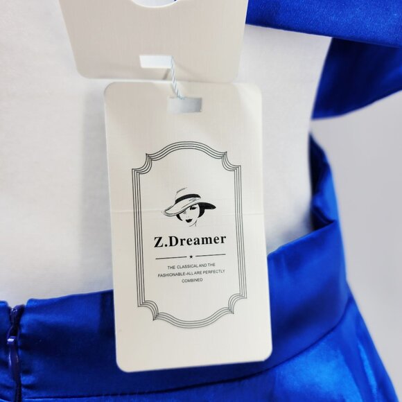 Strappy Blue Satin Fit Flare Mini Dress With Cut-Out Sides Z.Dreamer Size 6 - Picture 4 of 13